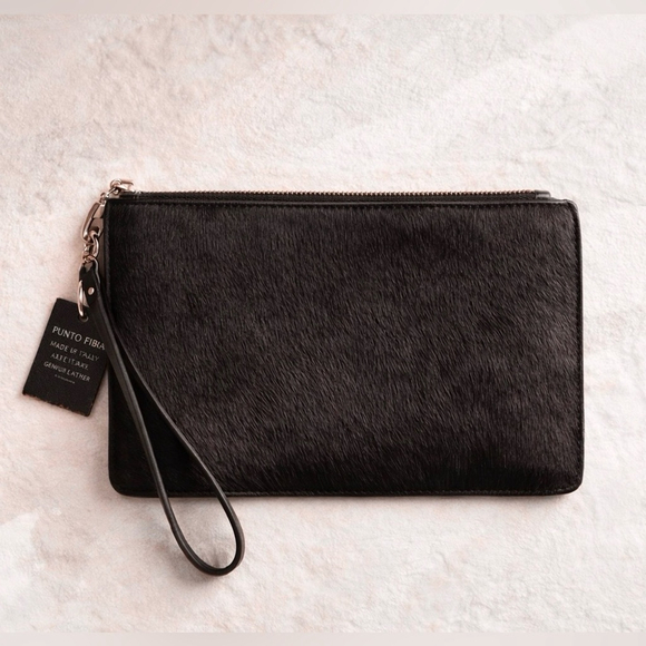 Punto Fibbia Handbags - Punto Fibra Genuine Italian Leather Calf Hair Wristlet | Brown Minimalist Clutch
